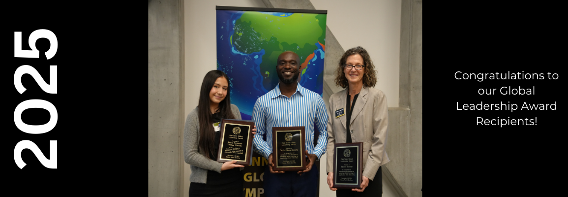2025 Global Leadership Award winners Nana Dwuma, Mafer Hurtado and Dr. Rachel Shinnar pose together with their award plaques.